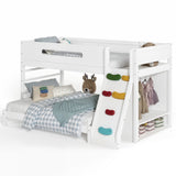 Twin/Twin XL over Full Size Bunk Bed with Childlike Rock Climbing & Wardrobe, Playful Kid Bed, White