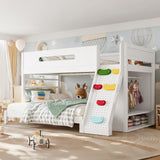 Twin/Twin XL over Full Size Bunk Bed with Childlike Rock Climbing & Wardrobe, Playful Kid Bed, White