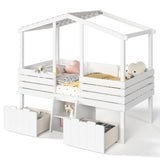 Twin Size Low Loft Bed Kid House Bed Frame with Cute Stairs & Storage Drawers, Antique White