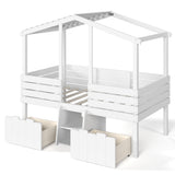 Twin Size Low Loft Bed Kid House Bed Frame with Cute Stairs & Storage Drawers, Antique White