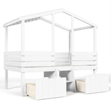 Twin Size Low Loft Bed Kid House Bed Frame with Cute Stairs & Storage Drawers, Antique White