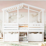 Twin Size Low Loft Bed Kid House Bed Frame with Cute Stairs & Storage Drawers, Antique White