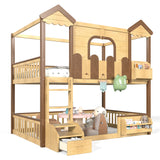 Full over Full Detachable Bunk Bed Kid Playhouse Bed Frame Childlike Loft Bed with Storage Bookshelf & Drawer, Natural