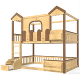 Full over Full Detachable Bunk Bed Kid Playhouse Bed Frame Childlike Loft Bed with Storage Bookshelf & Drawer, Natural