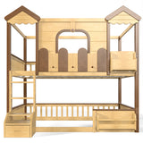 Full over Full Detachable Bunk Bed Kid Playhouse Bed Frame Childlike Loft Bed with Storage Bookshelf & Drawer, Natural