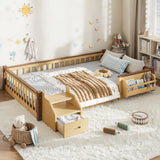 Full over Full Detachable Bunk Bed Kid Playhouse Bed Frame Childlike Loft Bed with Storage Bookshelf & Drawer, Natural