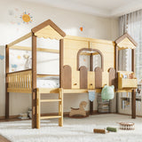 Full over Full Detachable Bunk Bed Kid Playhouse Bed Frame Childlike Loft Bed with Storage Bookshelf & Drawer, Natural