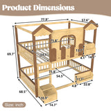 Full over Full Detachable Bunk Bed Kid Playhouse Bed Frame Childlike Loft Bed with Storage Bookshelf & Drawer, Natural