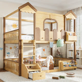 Full over Full Detachable Bunk Bed Kid Playhouse Bed Frame Childlike Loft Bed with Storage Bookshelf & Drawer, Natural