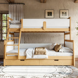 Twin XL over Queen Convertible Bunk Bed Platform Bed with Storage Drawers, White+Natural
