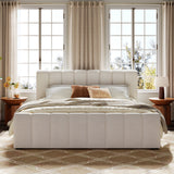 King Upholstered Platform Bed Frame with Linen Curved Headboard, No Box Spring Needed