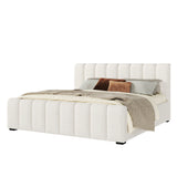 King Upholstered Platform Bed Frame with Linen Curved Headboard, No Box Spring Needed