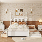 Queen Platform Bed Frame with Twin XL Trundle & Storage Drawers, Classic Wooden Bed with Spindle Headboard