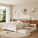 Queen Platform Bed Frame with Twin XL Trundle & Storage Drawers, Classic Wooden Bed with Spindle Headboard