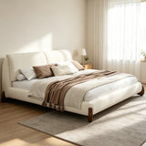 King Size Upholstered Platform Bed Frame & Soft Padded Headboard with 2 Removable Pillows, Modern Minimalist Bed, Ivory/Cream