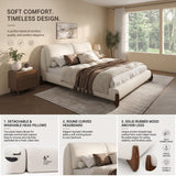 King Size Upholstered Platform Bed Frame & Soft Padded Headboard with 2 Removable Pillows, Modern Minimalist Bed, Ivory/Cream