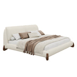 King Size Upholstered Platform Bed Frame & Soft Padded Headboard with 2 Removable Pillows, Modern Minimalist Bed, Ivory/Cream