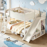 Full over Full Pine Wood Bunk Bed with Storage Shelves, Slide & Ladders for Kids/Teens/Adults, Low Profile Design