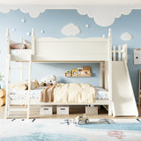 Full over Full Pine Wood Bunk Bed with Storage Shelves, Slide & Ladders for Kids/Teens/Adults, Low Profile Design