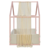 Twin Size Canopy Bed with Gauze Canopy, Soft-Padded Platform Bed Toddler Floor Bed Kid House Bed with Upholstered Velvet Panels, Pink