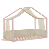 Twin Size Canopy Bed with Gauze Canopy, Soft-Padded Platform Bed Toddler Floor Bed Kid House Bed with Upholstered Velvet Panels, Pink