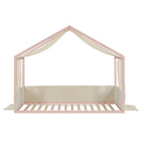 Twin Size Canopy Bed with Gauze Canopy, Soft-Padded Platform Bed Toddler Floor Bed Kid House Bed with Upholstered Velvet Panels, Pink