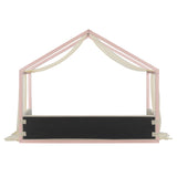 Twin Size Canopy Bed with Gauze Canopy, Soft-Padded Platform Bed Toddler Floor Bed Kid House Bed with Upholstered Velvet Panels, Pink