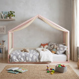 Twin Size Canopy Bed with Gauze Canopy, Soft-Padded Platform Bed Toddler Floor Bed Kid House Bed with Upholstered Velvet Panels, Pink