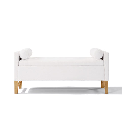 Storage Bed Bench with Solid Wood Legs, Upholstered Ottoman Entryway Bench Multi-Functional Footrest, Ivory
