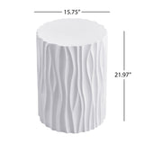 Wave Textured MGO Side Table, Cylindrical Outdoor Accent End Table, Round Stool Table, Patio & Indoor Table