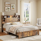 Full Platform Bed Frame with LED & Charging Station, Retro Wooden Storage Bed, Dark Brown