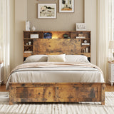 Full Platform Bed Frame with LED & Charging Station, Retro Wooden Storage Bed, Dark Brown