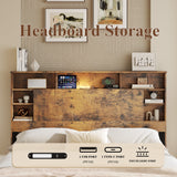 Full Platform Bed Frame with LED & Charging Station, Retro Wooden Storage Bed, Dark Brown