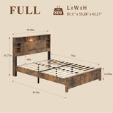 Full Platform Bed Frame with LED & Charging Station, Retro Wooden Storage Bed, Dark Brown