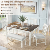 6pcs Extendable Dining Table Set for 6, Modern Farmhouse Kitchen Dining Set with 4 Ergonomic Curved Padded Dining Chairs&Bench,Brown+Beige