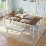 6pcs Extendable Dining Table Set for 6, Modern Farmhouse Kitchen Dining Set with 4 Ergonomic Curved Padded Dining Chairs&Bench,Brown+Beige