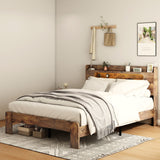 Full Platform Bed Frame with Storage Headboard, Wood Bed Frame with LED Lights, USB Charging Station, Dark Brown