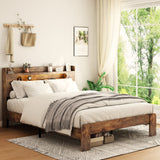 Full Platform Bed Frame with Storage Headboard, Wood Bed Frame with LED Lights, USB Charging Station, Dark Brown