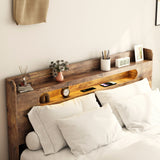 Full Platform Bed Frame with Storage Headboard, Wood Bed Frame with LED Lights, USB Charging Station, Dark Brown