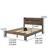 Full Platform Bed Frame with Storage Headboard, Wood Bed Frame with LED Lights, USB Charging Station, Dark Brown