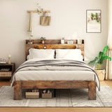 Full Platform Bed Frame with Storage Headboard, Wood Bed Frame with LED Lights, USB Charging Station, Dark Brown