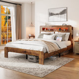 King Platform Bed Frame with LED Storage Headboard, Wood Bed with USB Charging Station & Under-Bed Storage