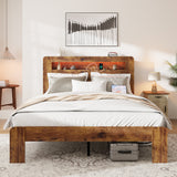 King Platform Bed Frame with LED Storage Headboard, Wood Bed with USB Charging Station & Under-Bed Storage