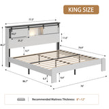 King Platform Bed Frame with Storage Headboard, Traditional Bed Frame with USB Charging Station, No Box Spring Needed, White