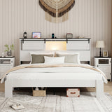 King Platform Bed Frame with Storage Headboard, Traditional Bed Frame with USB Charging Station, No Box Spring Needed, White
