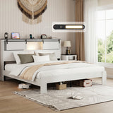 King Platform Bed Frame with Storage Headboard, Traditional Bed Frame with USB Charging Station, No Box Spring Needed, White