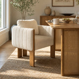 Upholstered Dining Chair with Solid Wood Legs, Curved Padded Armchair Mid-century Modern Accent Chair, Beige&Walnut