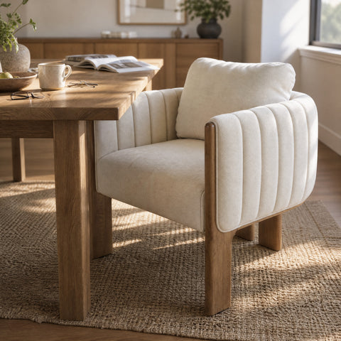 Upholstered Dining Chair with Solid Wood Legs, Curved Padded Armchair Mid-century Modern Accent Chair, Beige&Walnut