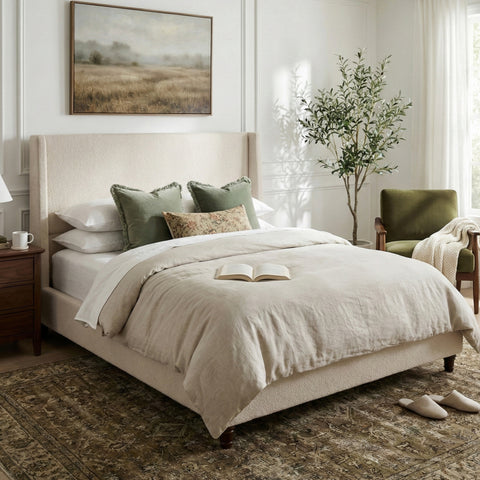 Queen Upholstered Platform Bed Frame with Tall Wingback Headboard, Boucle Bed Frame with Retro Legs, No Box Spring Needed