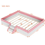 Queen Size Corduroy Upholstered Floor Bed with Guardrails, 2-Tier Steps & LED Lights for Toddler/Kids/Teens